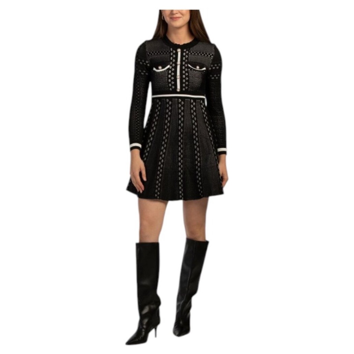 Dalia Macphee Black White Pearl Button Knit Long Sleeve Sweater Dress Large